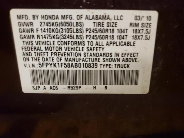 Photo 10 from auction – 2010 HONDA RIDGELINE with VIN 5FPYK1F58AB010839