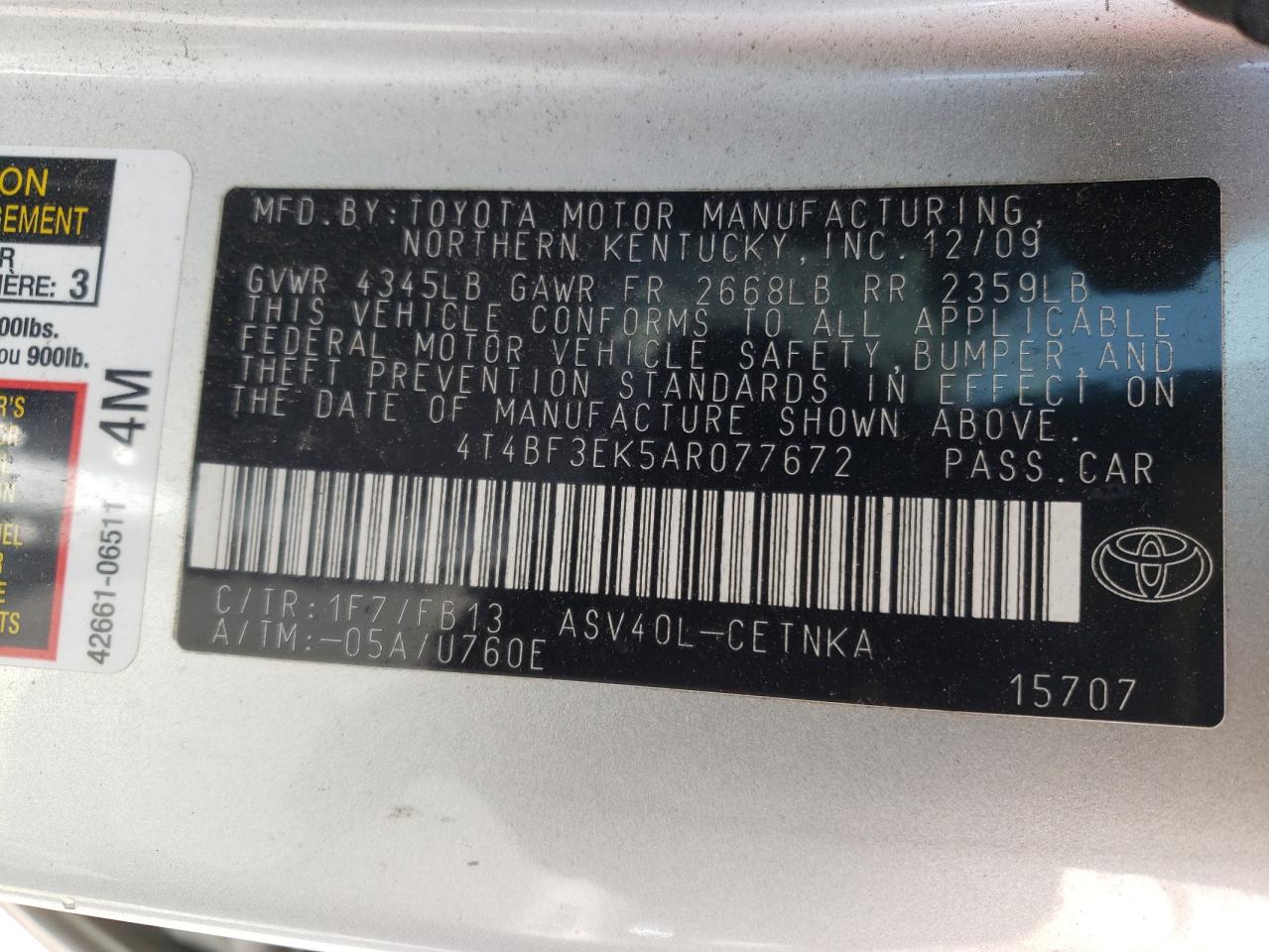 Photo 11 from auction – 2010 TOYOTA CAMRY BASE with VIN 4T4BF3EK5AR077672