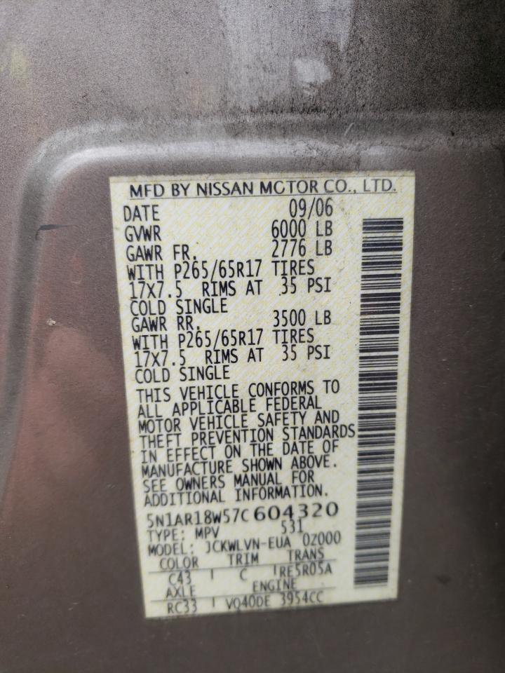 Photo 11 from auction – 2007 NISSAN PATHFINDER with VIN 5N1AR18W57C604320