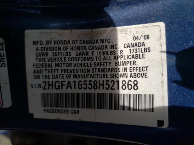 Photo 10 from auction – 2008 HONDA CIVIC LX with VIN 2HGFA16558H521868