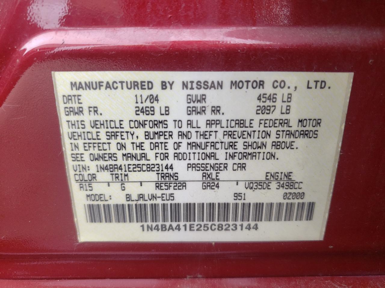 Photo 10 from auction – 2005 NISSAN MAXIMA SE with VIN 1N4BA41E25C823144