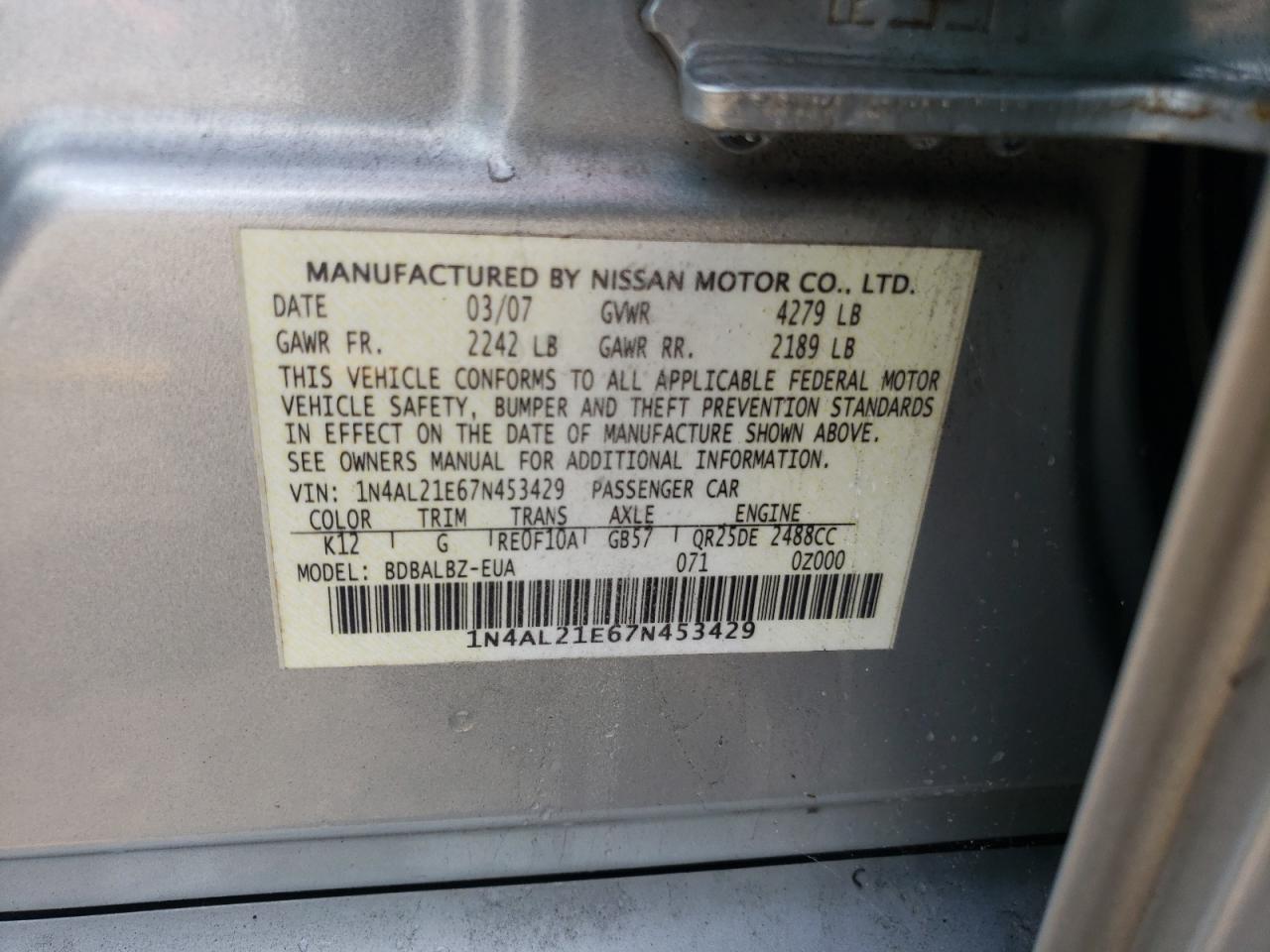Photo 10 from auction – 2007 NISSAN ALTIMA 2.5 with VIN 1N4AL21E67N453429