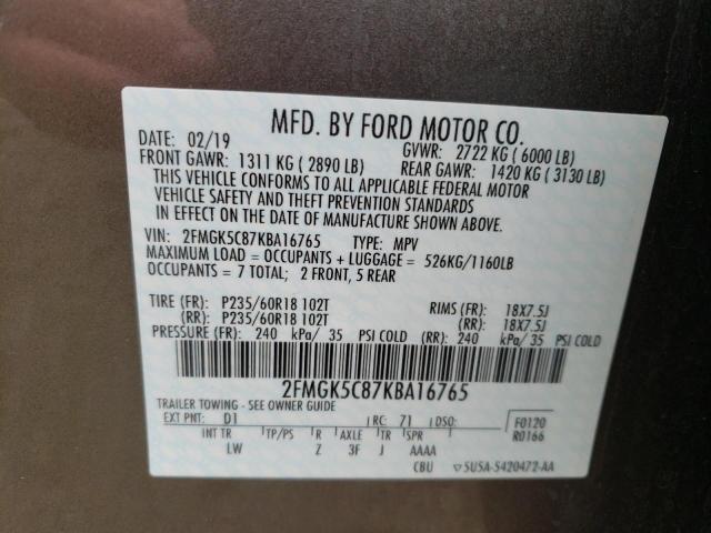 Photo 10 from auction – 2019 FORD FLEX SEL with VIN 2FMGK5C87KBA16765