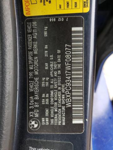 Photo 10 from auction – 2007 BMW X3 3.0SI with VIN WBXPC93417WF08077