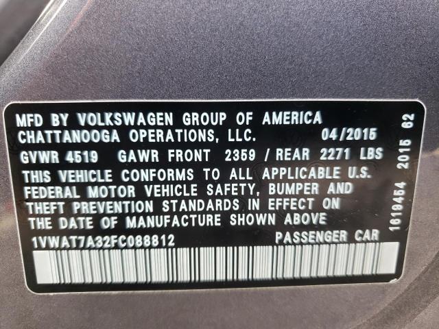 Photo 10 from auction – 2015 VOLKSWAGEN PASSAT S with VIN 1VWAT7A32FC088812