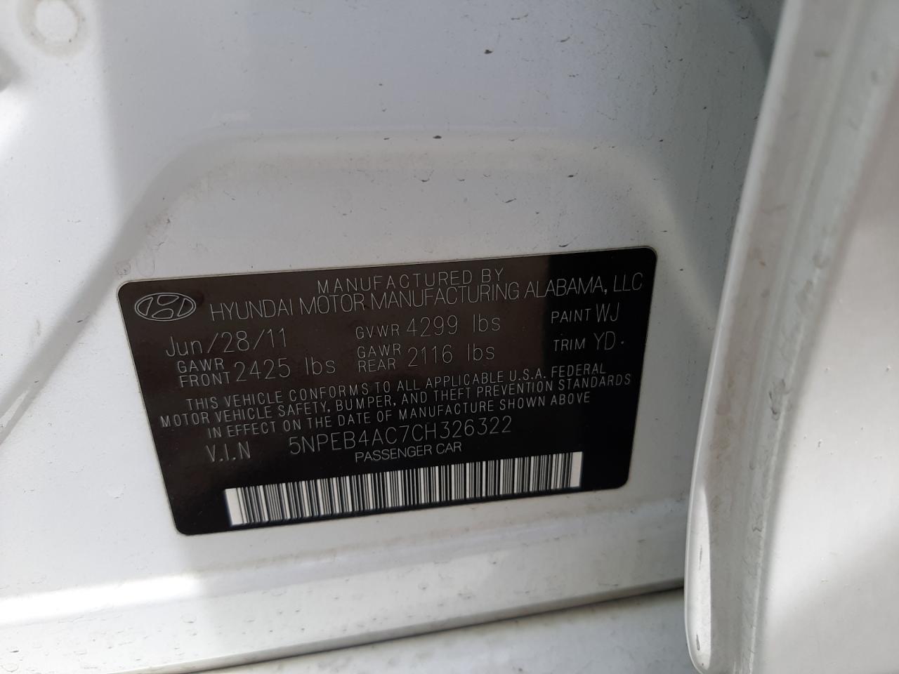 Photo 10 from auction – 2012 HYUNDAI SONATA GLS with VIN 5NPEB4AC7CH326322