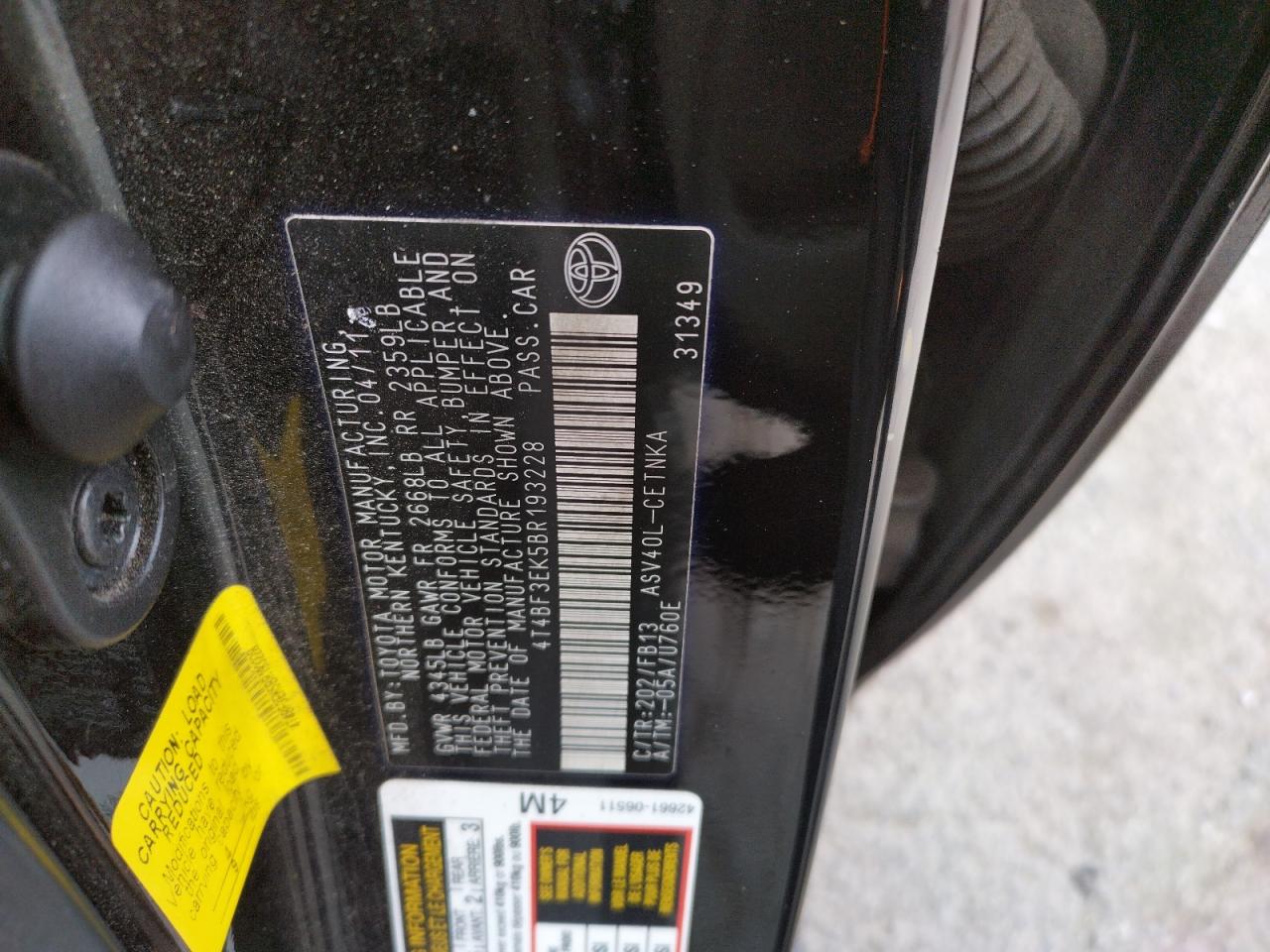Photo 10 from auction – 2011 TOYOTA CAMRY BASE with VIN 4T4BF3EK5BR193228