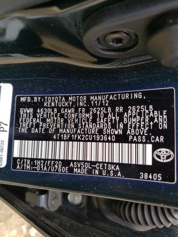 Photo 10 from auction – 2012 TOYOTA CAMRY BASE with VIN 4T1BF1FK2CU193640