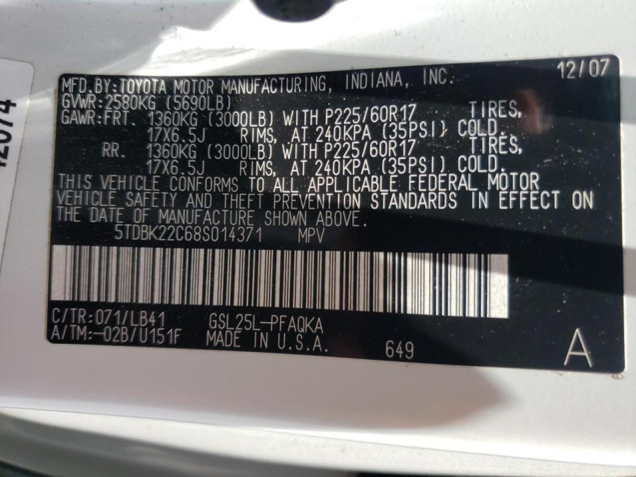 Photo 20 from auction – 2008 TOYOTA SIENNA XLE with VIN 5TDBK22C68S014371
