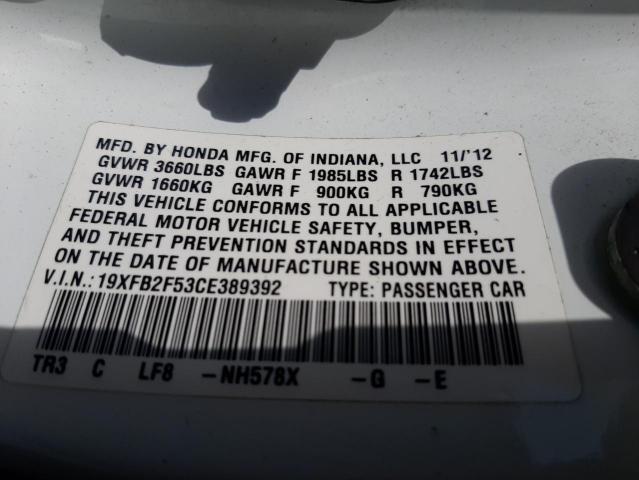 Photo 10 from auction – 2012 HONDA CIVIC LX with VIN 19XFB2F53CE389392