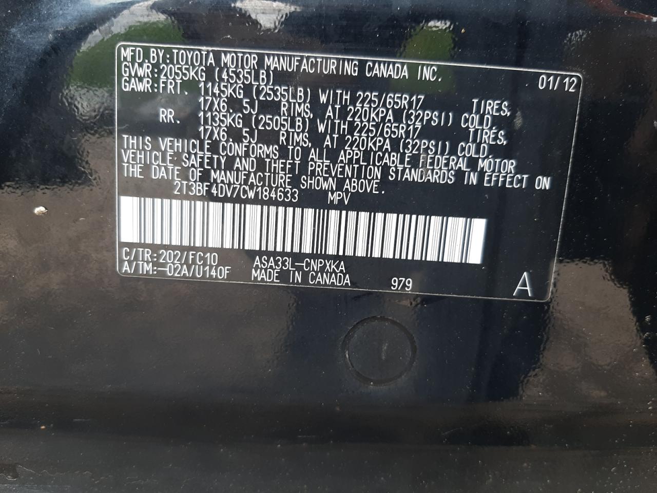 Photo 11 from auction – 2012 TOYOTA RAV4 with VIN 2T3BF4DV7CW184633