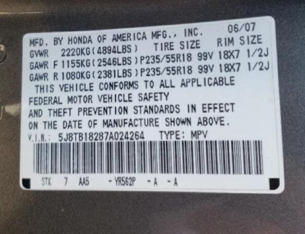 Photo 10 from auction – 2007 ACURA RDX with VIN 5J8TB18287A024264