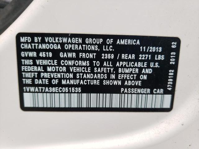 VOLKSWAGEN PASSAT S 2014 with VIN 1VWAT7A36EC051535 - Photo from auction