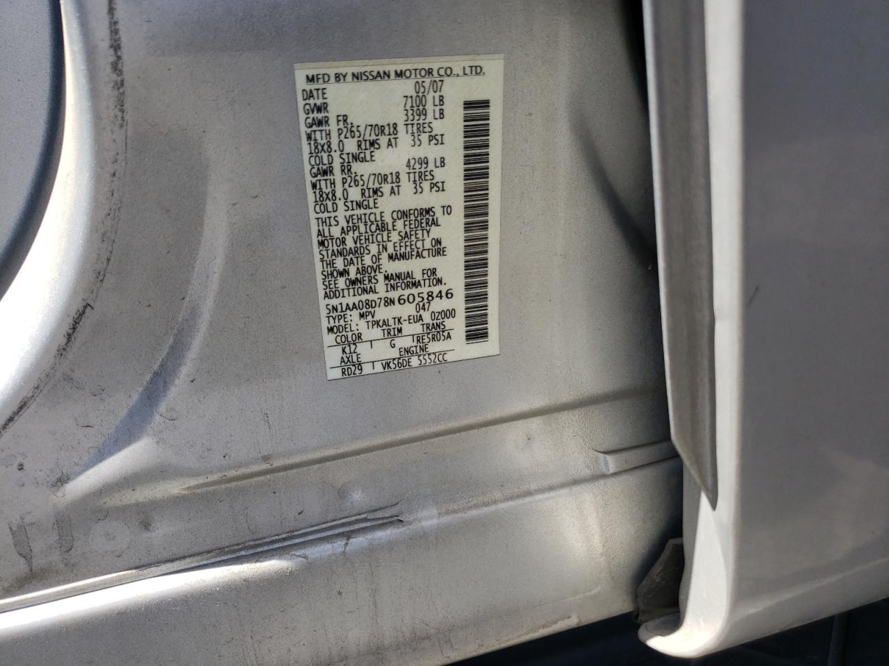 Photo 11 from auction – 2008 NISSAN ARMADA SE with VIN 5N1AA08D78N605846