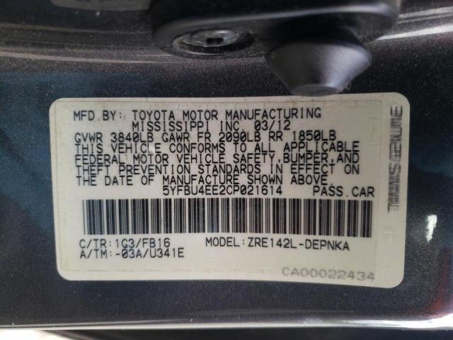Photo 10 from auction – 2012 TOYOTA COROLLA BA with VIN 5YFBU4EE2CP021614