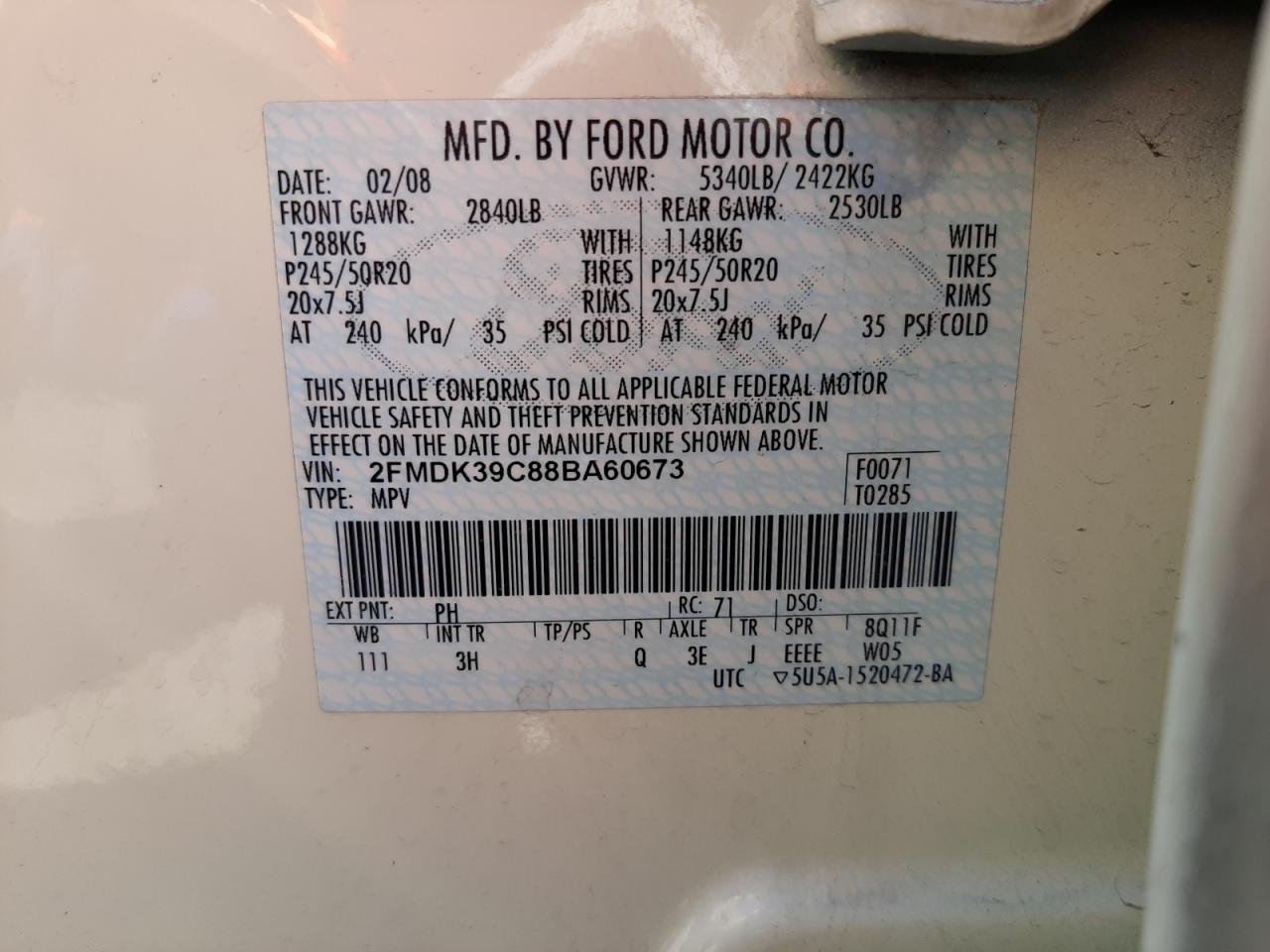Photo 11 from auction – 2008 FORD EDGE LIMIT with VIN 2FMDK39C88BA60673