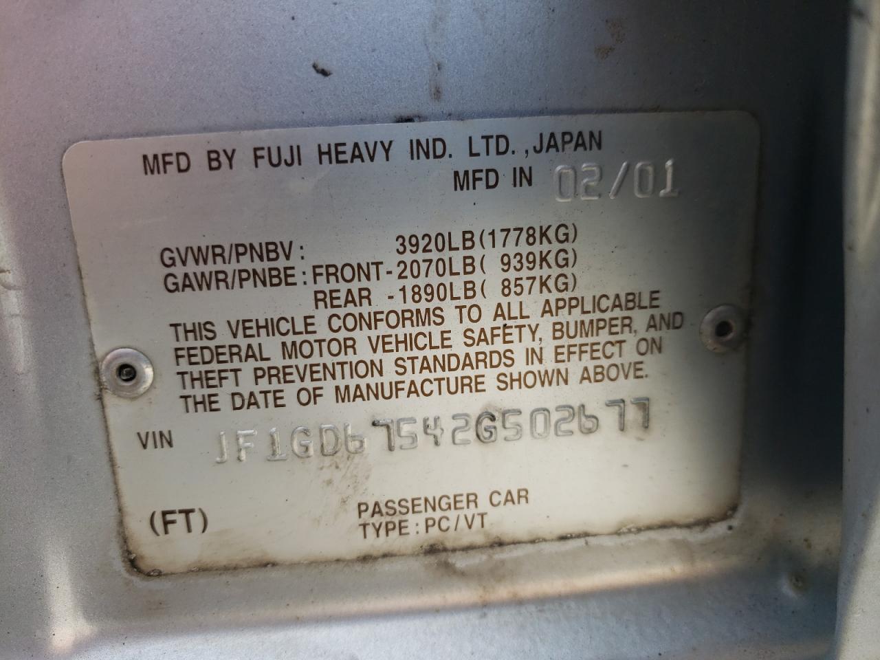Photo 10 from auction – 2002 SUBARU IMPREZA RS with VIN JF1GD67542G502677