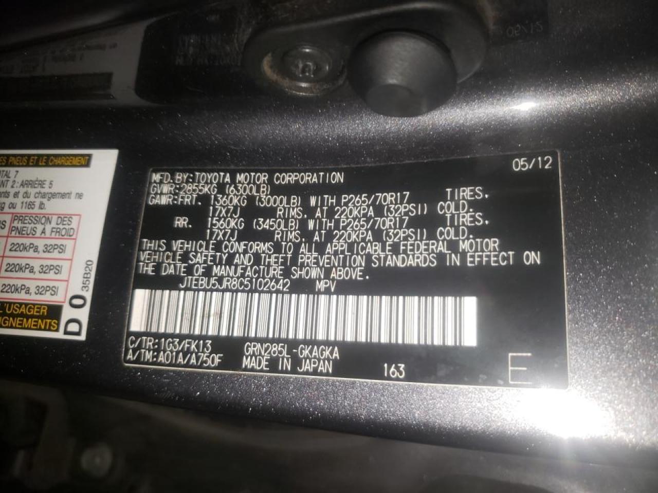 Photo 20 from auction – 2012 TOYOTA 4RUNNER SR with VIN JTEBU5JR8C5102642