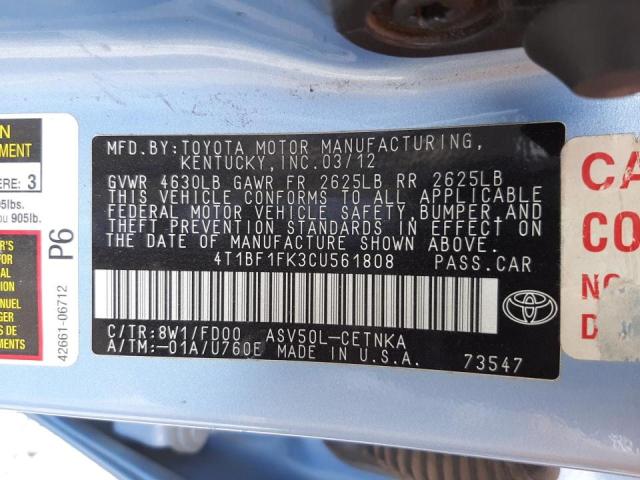 Photo 10 from auction – 2012 TOYOTA CAMRY BASE with VIN 4T1BF1FK3CU561808