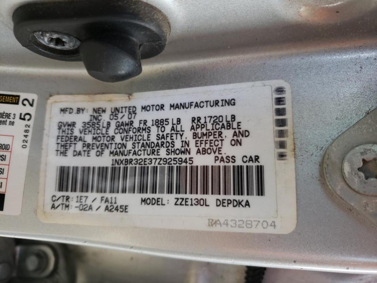 Photo 20 from auction – 2007 TOYOTA COROLLA CE with VIN 1NXBR32E37Z925945