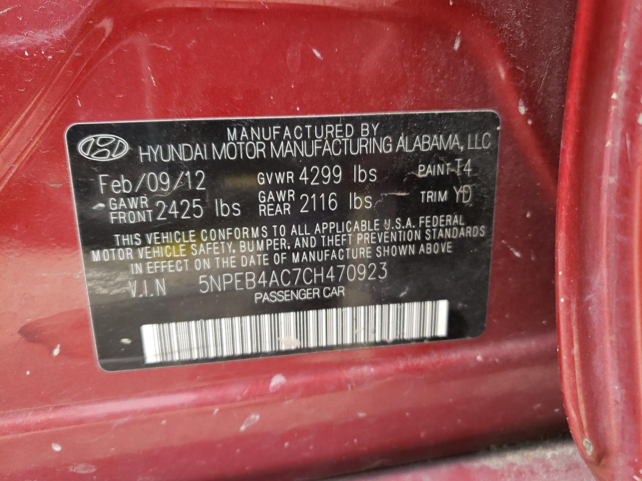 Photo 10 from auction – 2012 HYUNDAI SONATA GLS with VIN 5NPEB4AC7CH470923