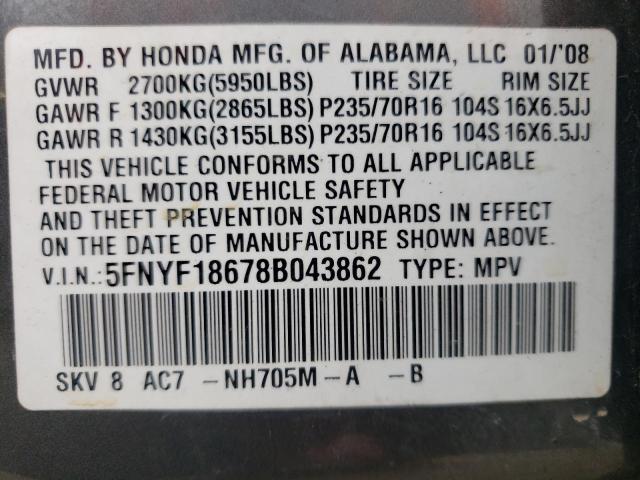 Photo 10 from auction – 2008 HONDA PILOT EXL with VIN 5FNYF18678B043862