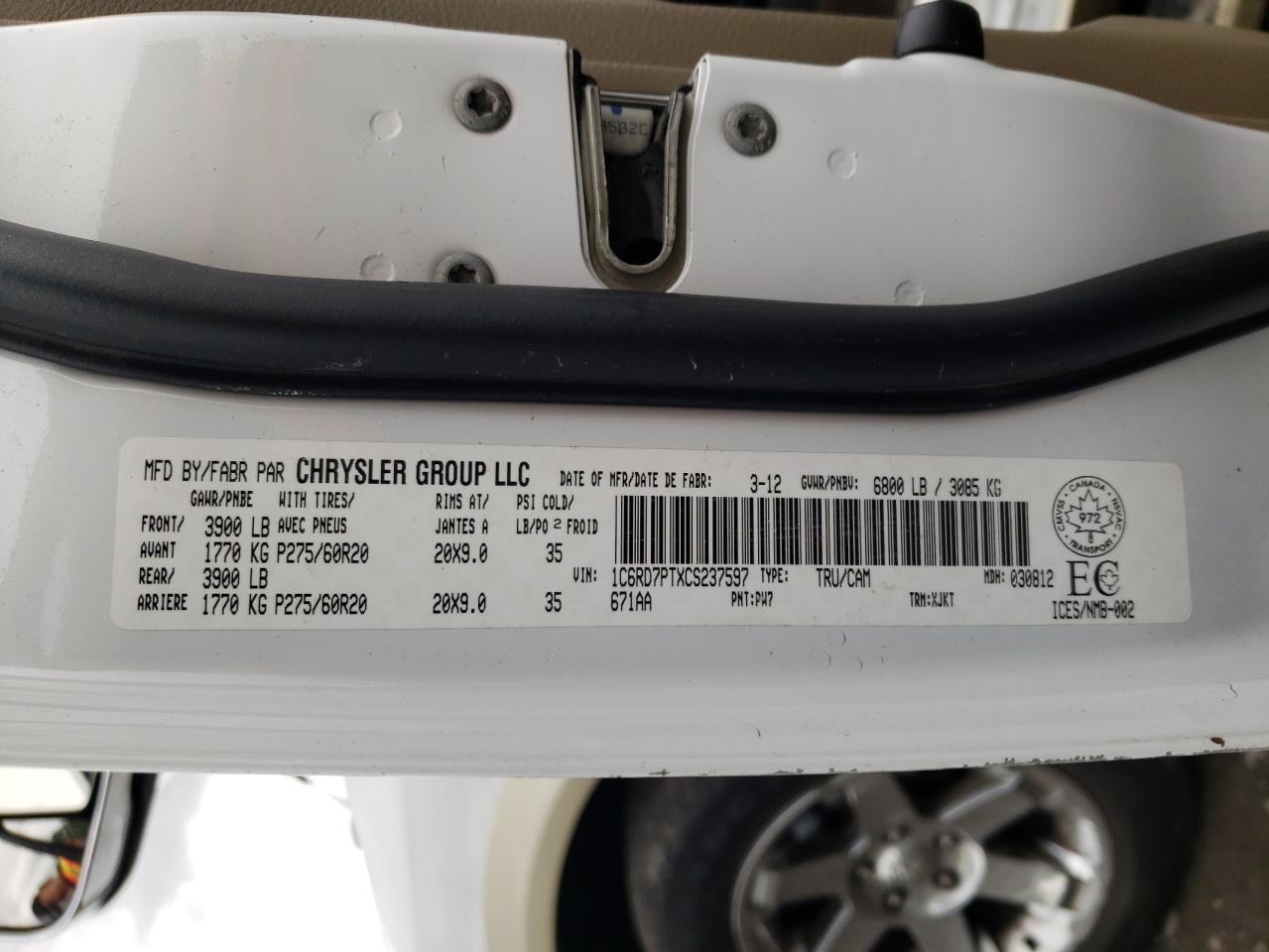 Photo 11 from auction – 2012 DODGE RAM 1500 L with VIN 1C6RD7PTXCS237597
