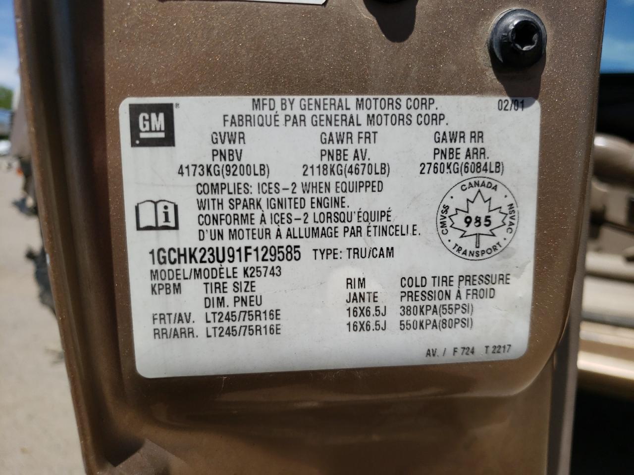 Photo 10 from auction – 2001 CHEVROLET SILVERADO with VIN 1GCHK23U91F129585