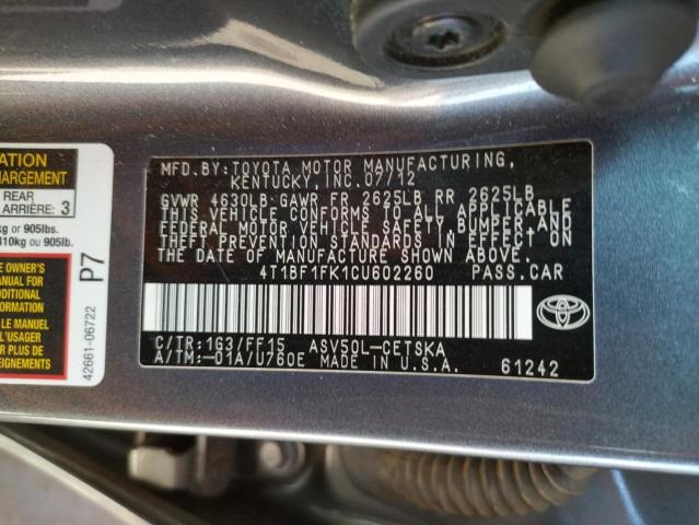Photo 10 from auction – 2012 TOYOTA CAMRY BASE with VIN 4T1BF1FK1CU602260