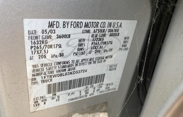Photo 10 from auction – 2003 FORD F150 SUPER with VIN 1FTRW08L03KD53724