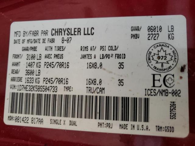 Photo 10 from auction – 2008 DODGE DAKOTA SXT with VIN 1D7HE32K58S504733