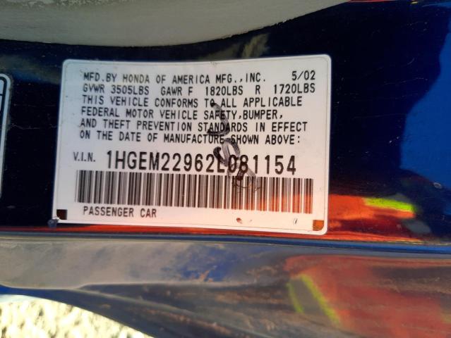 Photo 10 from auction – 2002 HONDA CIVIC EX with VIN 1HGEM22962L081154