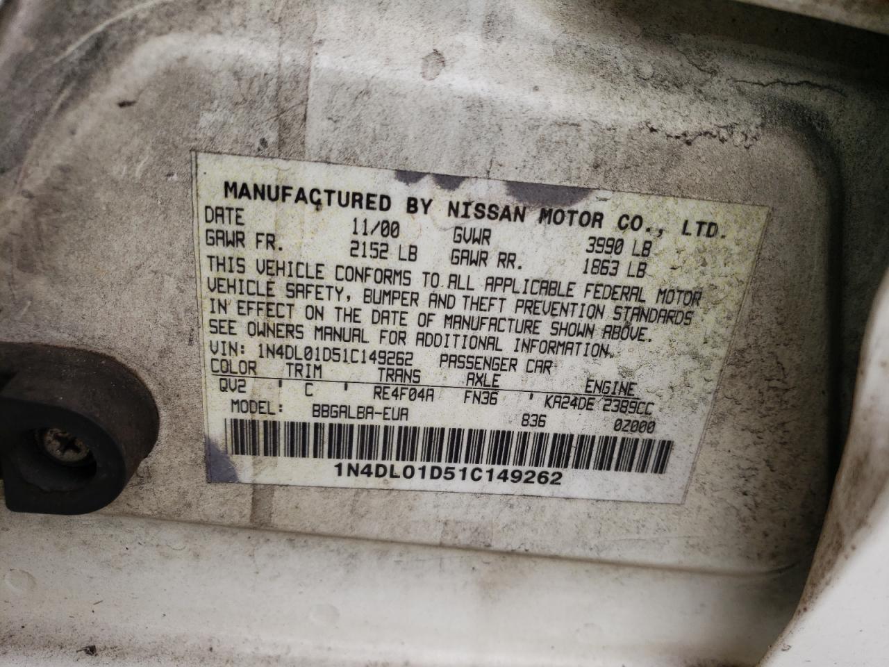 Photo 10 from auction – 2001 NISSAN ALTIMA XE with VIN 1N4DL01D51C149262