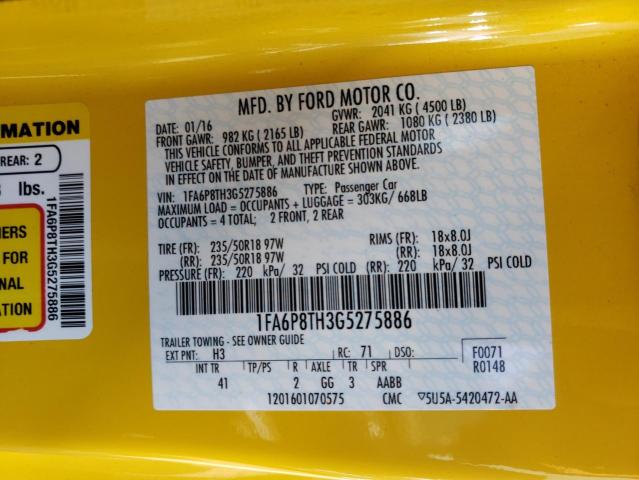 FORD MUSTANG 2016 with VIN 1FA6P8TH3G5275886 - Photo from auction