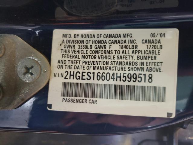 Photo 10 from auction – 2004 HONDA CIVIC LX with VIN 2HGES16604H599518