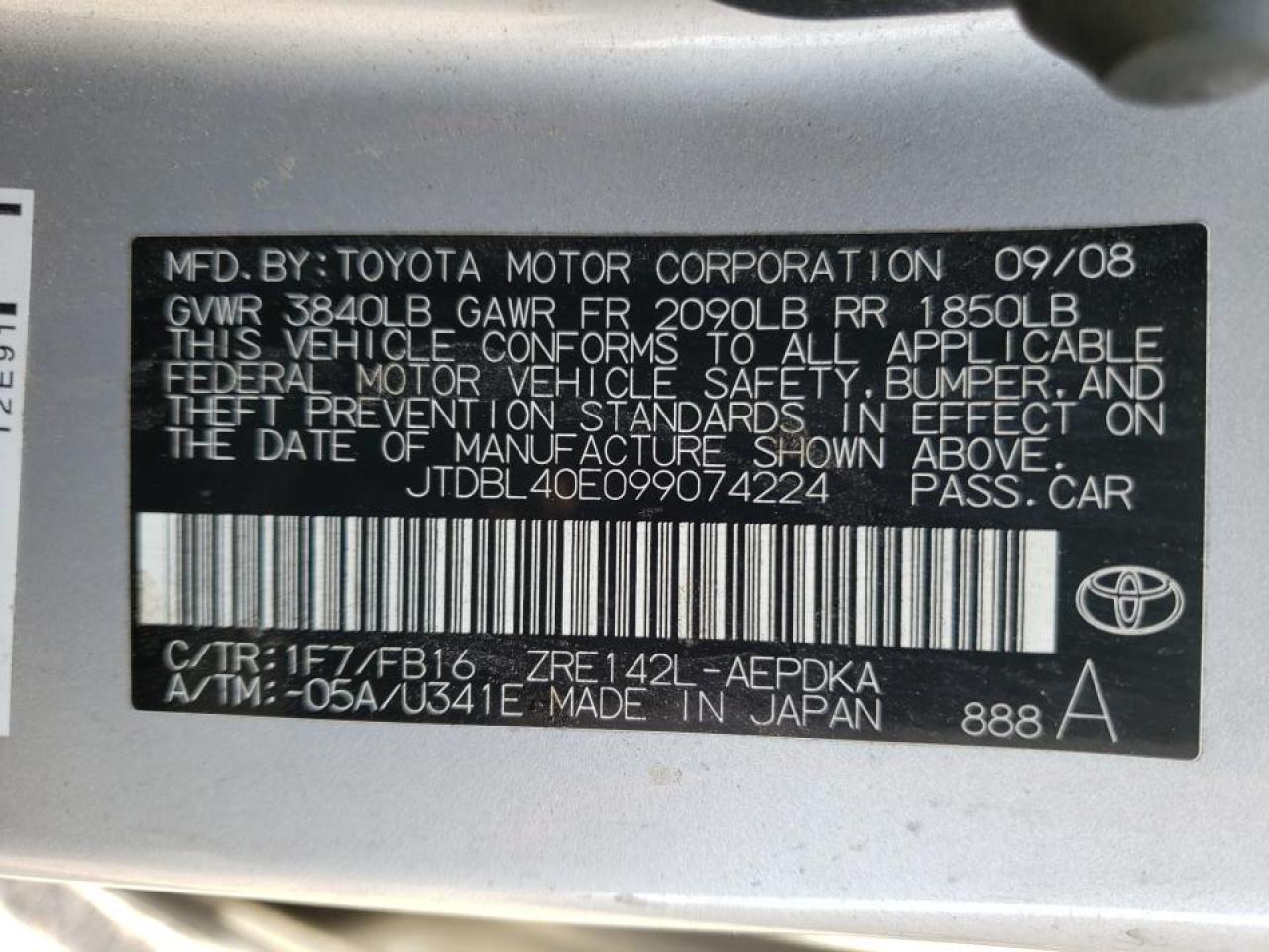 Photo 20 from auction – 2009 TOYOTA COROLLA BA with VIN JTDBL40E099074224