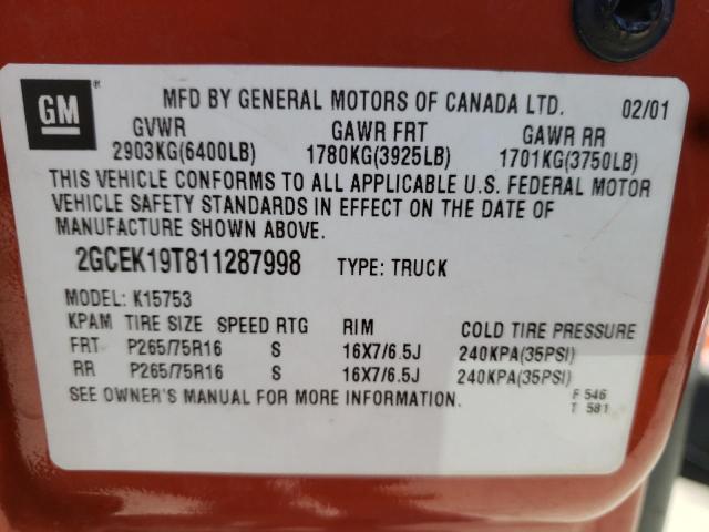 Photo 10 from auction – 2001 CHEVROLET SILVERADO with VIN 2GCEK19T811287998