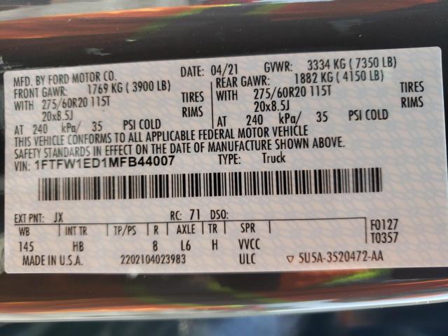 Photo 10 from auction – 2021 FORD F150 SUPER with VIN 1FTFW1ED1MFB44007