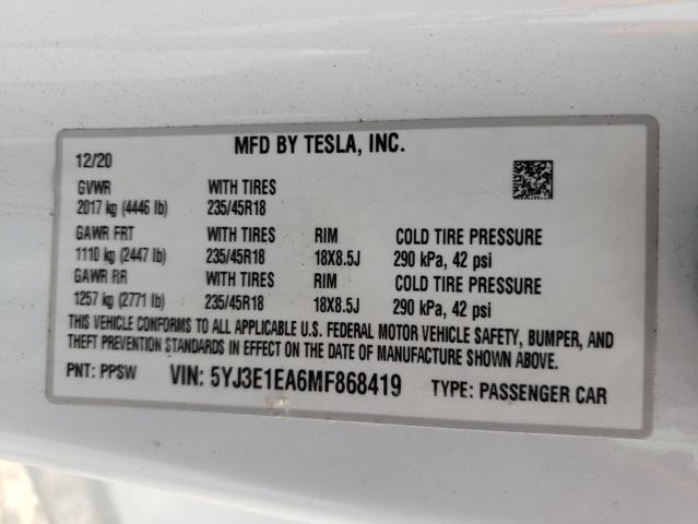 Photo 10 from auction – 2021 TESLA MODEL 3 with VIN 5YJ3E1EA6MF868419