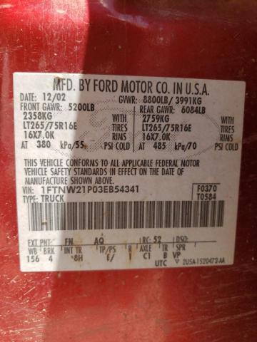 Photo 10 from auction – 2003 FORD F250 SUPER with VIN 1FTNW21P03EB54341