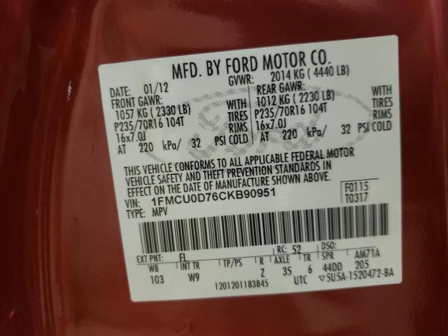Photo 10 from auction – 2012 FORD ESCAPE XLT with VIN 1FMCU0D76CKB90951