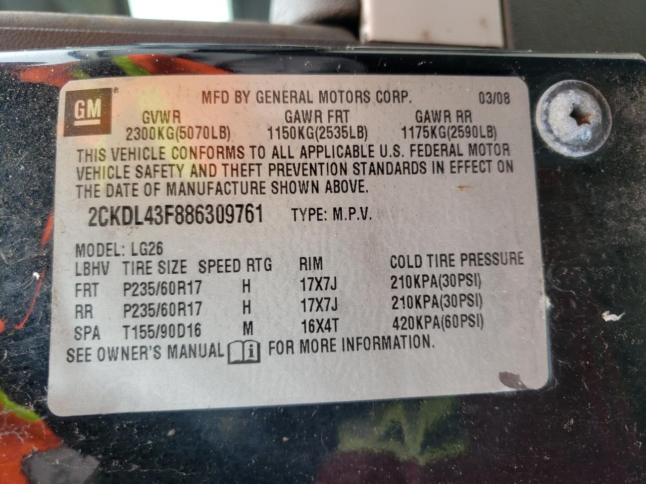 Photo 11 from auction – 2008 PONTIAC TORRENT with VIN 2CKDL43F886309761