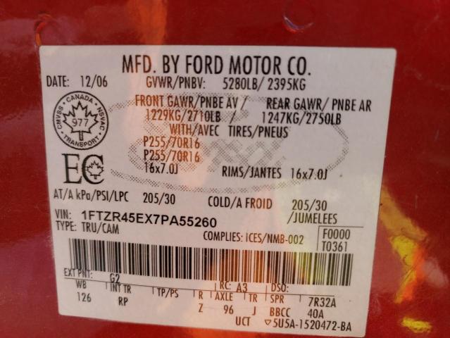 Photo 10 from auction – 2007 FORD RANGER SUP with VIN 1FTZR45EX7PA55260