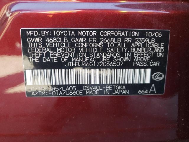 Photo 10 from auction – 2007 LEXUS ES 350 with VIN JTHBJ46G172066507