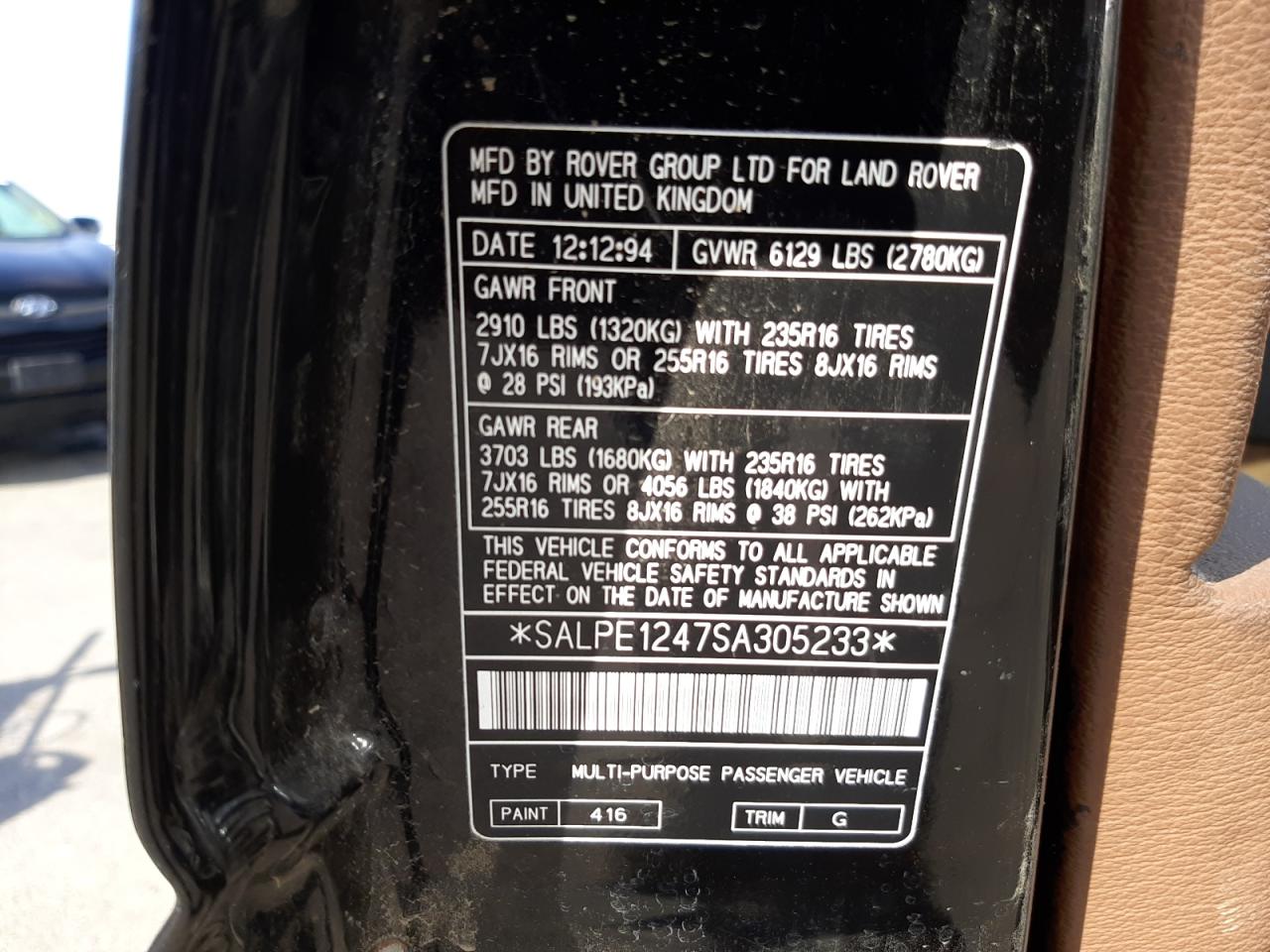 Photo 11 from auction – 1995 LAND ROVER RANGE ROVE with VIN SALPE1247SA305233