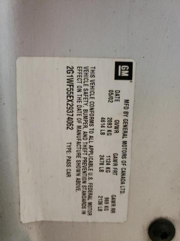 Photo 10 from auction – 2002 CHEVROLET IMPALA with VIN 2G1WF55EX29374062