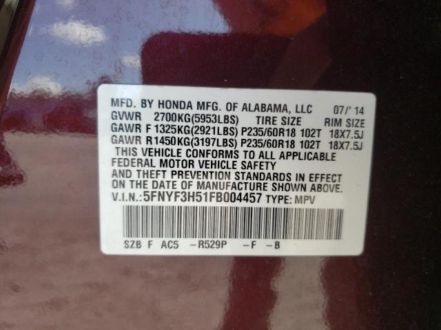 Photo 10 from auction – 2015 HONDA PILOT EXL with VIN 5FNYF3H51FB004457