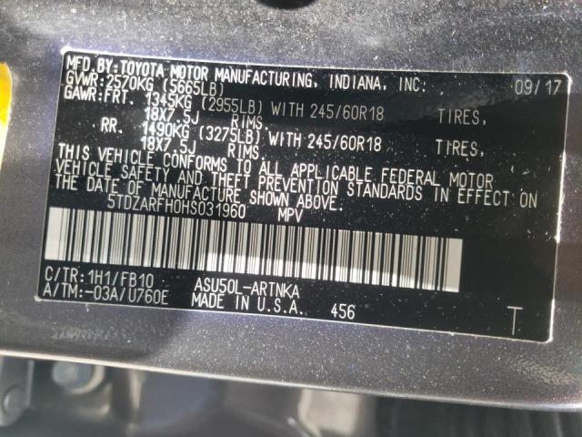 Photo 10 from auction – 2017 TOYOTA HIGHLANDER with VIN 5TDZARFH0HS031960