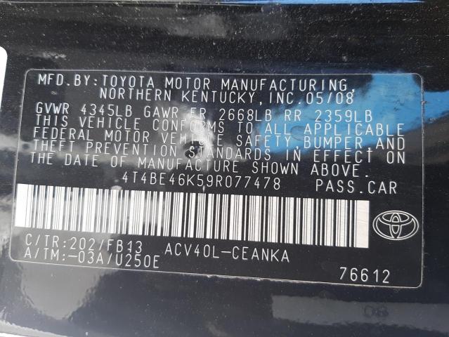 Photo 10 from auction – 2009 TOYOTA CAMRY BASE with VIN 4T4BE46K59R077478