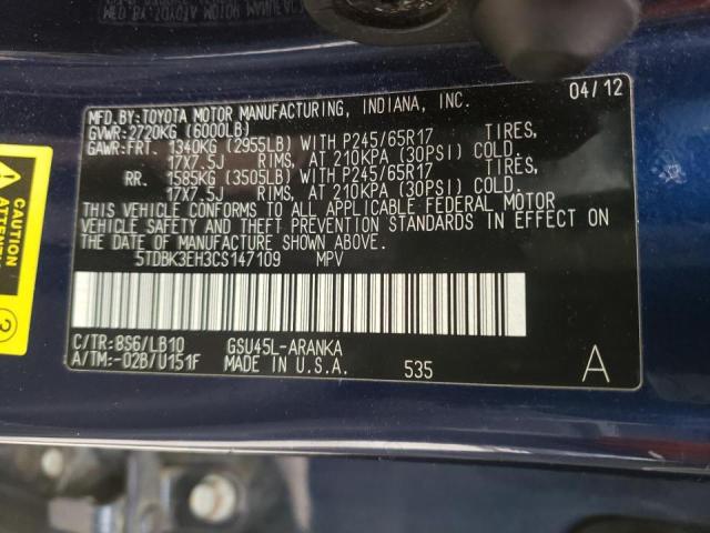 Photo 10 from auction – 2012 TOYOTA HIGHLANDER with VIN 5TDBK3EH3CS147109